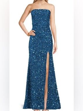 Strapless Sequined Navy Blue Evening Gown with Front Slit